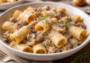 Paccheri al ragù bianco di salsiccia, funghi e crema di Parmigiano