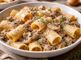 Paccheri al ragù bianco di salsiccia, funghi e crema di Parmigiano