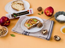 Bruschette con ricotta, pesche grigliate e DADOCREMA